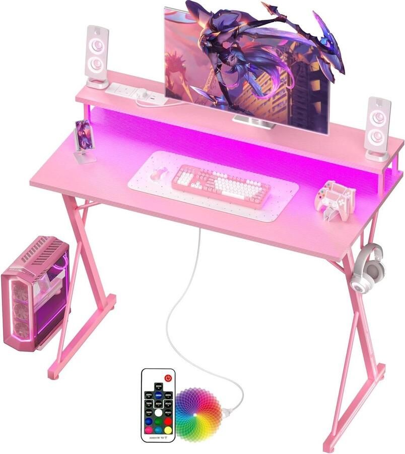 Bureautafel Stopcontacten LED Gaming 100x50cm Ergonomisch Computer Bureau + Grote Monitorstandaard Hoofdtelefoonhaak Moderne X Frame Tafel Werkstation Studie Speel Werk Slaapkamer Thuis Kantoor