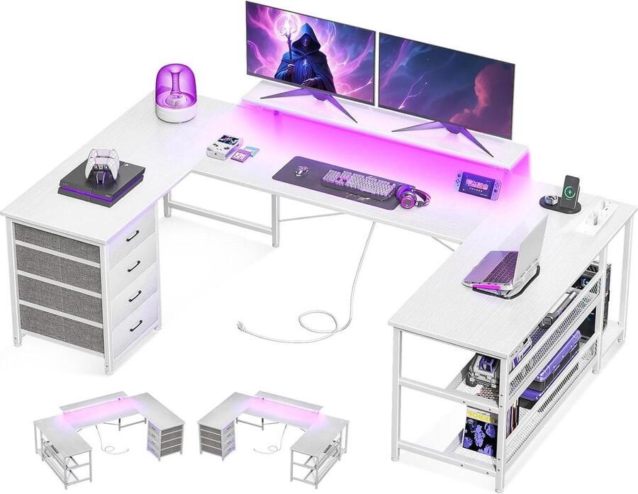 Bureautafel U-vormig met 4 laden en stopcontacten- USB gamingbureau LED monitorstandaard thuiskantoor 167×102cm wit