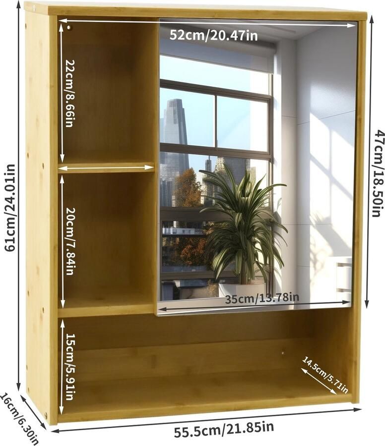 Buylin Badkamerkastje Medicijnkastje met Spiegel Wandkastje Badkamermeubel set Natuurlijk met Opbergplankjes 55.5 X 16 x 61 cm