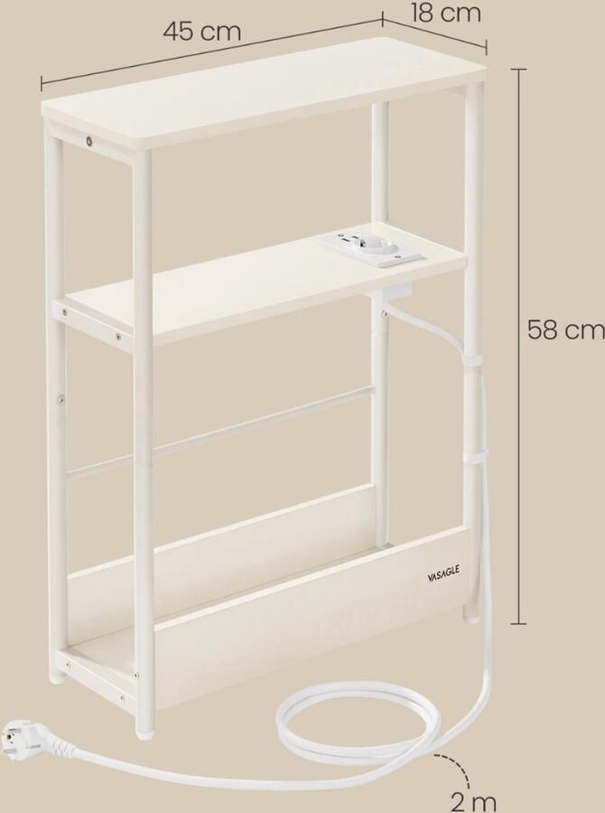 Buylin Bijzettafel Ivoor Nachtkastje Kastje Smal Bijzettafeltjes Woonkamer 3 Planken Met Laadfunctie 18x45x58cm Ivoor