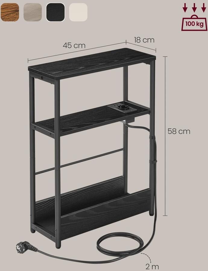 Buylin Bijzettafel Zwart Nachtkastje Kastje Smal Bijzettafeltjes Woonkamer 3 Planken Met Laadfunctie 18x45x58 cm Zwart