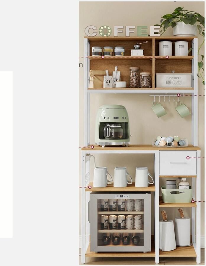 Buylin Keukenkast Staand Keukenkast Organizer Opbergkast Koffiecorner Meubel Verstelbare planken Incl. Stoffen Lade Wit Hout 40x80x180 4 cm