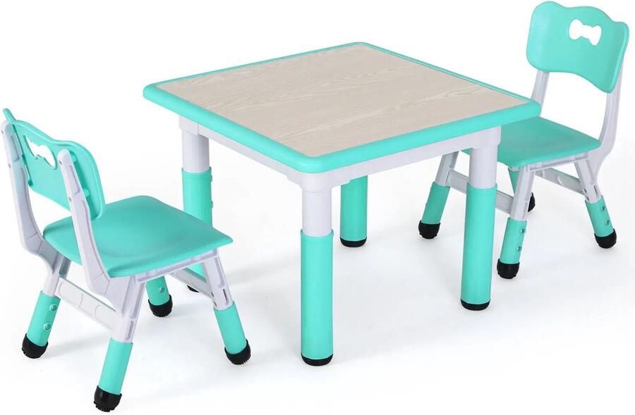 Buylin Kindertafel en 2 Stoeltjes Speeltafel voor kinderen Kindertafel In Hoogte Verstelbaar 3-8 jaar Turquoise Vierkante Tafel