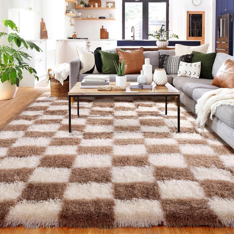 BYBSRLL Geruite slaapkamerkleden 120x180cm Bruin en wit zacht woonkamertapijt Groot meisjes- en jongenskamer Hoogpolig pluizig langpolig nachtkastjekleed