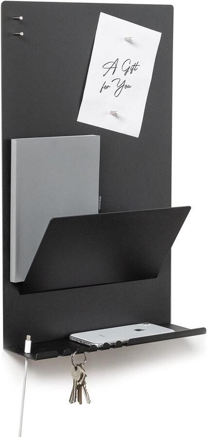 Byde Heke wandorganizer van staal. 30 x 9 x 49 cm. 3-in-1 wandplank met magneetbord en magneten. Bord voor sleutels kranten en notities. Zwarte kleur