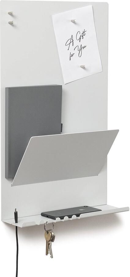 Byde Heke wandorganizer van staal. 30 x 9 x 49 cm. 3-in-1 wandplank met magneetbord en magneten. Bord voor sleutels kranten en notities. Wit