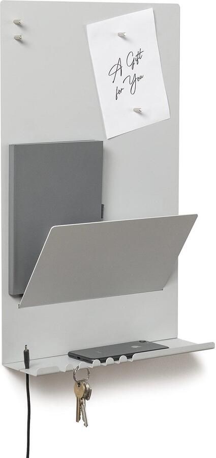Byde Heke wandorganizer van staal. 30 x 9 x 49 cm. 3-in-1 wandplank met magneetbord en magneten. Bord voor sleutels kranten en notities. Grijze kleur