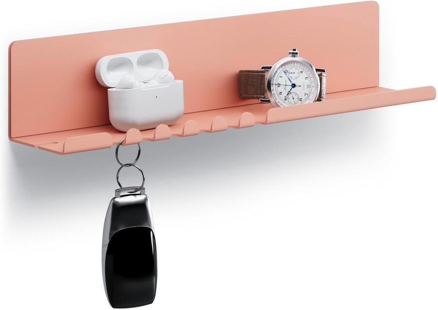 Byde Helke wandplank 30 x 6 x 6 cm 5 haken en kabelhouder hangplank van gepoedercoat plaatstaal sleutelrek organizer en letters voor entree keuken kantoor beige en rode kleur