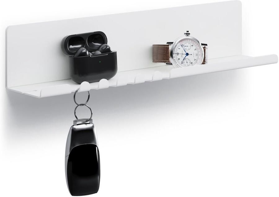 Byde Helke wandplank 30 x 6 x 6 cm 5 haken en kabelhouder hangplank van gepoedercoat plaatstaal sleutelrek organizer en letters voor entree keuken kantoor kleur wit