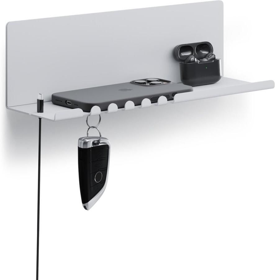 Byde Helke wandplank 30 x 9 x 9 cm met 5 haken en kabelhouder. Hangplank van gepoedercoat plaatstaal. Sleutel- en brievenhouder voor hal keuken en kantoor. Kleur grijs