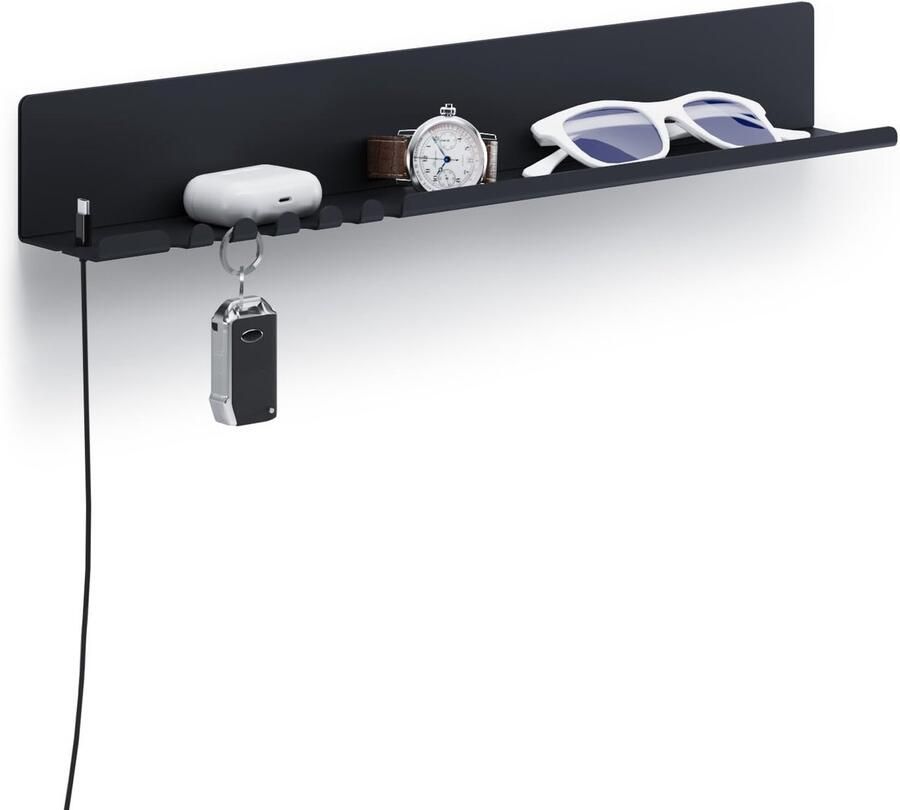 Byde Helke wandplank 44 x 6 x 6 cm 5 haken en kabelhouder hangplank van gepoedercoat plaatstaal sleutelrek organizer en letters voor entree keuken kantoor kleur zwart