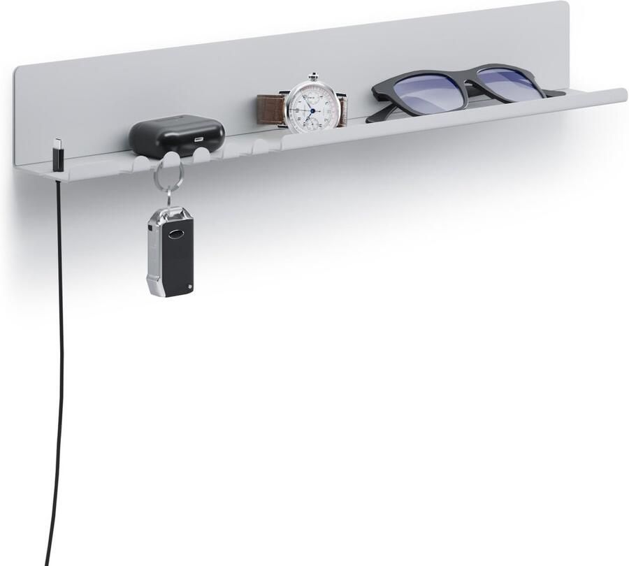 Byde Helke wandplank 44 x 6 x 6 cm 5 haken en kabelhouder hangplank van gepoedercoat plaatstaal sleutelrek organizer en letters voor entree keuken kantoor kleur grijs