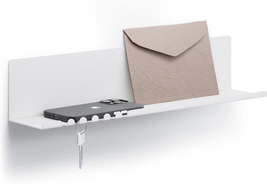 Byde Helke wandplank 44 x 9 x 9 cm met 5 haken en kabelhouder. Hangplank van gepoedercoat plaatstaal. Sleutelrek en brievenbus voor hal keuken en kantoor. Witte afwerking