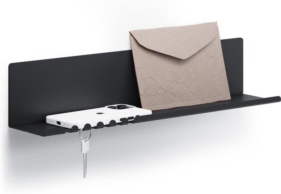 Byde Helke wandplank 44 x 9 x 9 cm met 5 haken en kabelhouder. Hangplank van gepoedercoat plaatstaal. Sleutelrek en brievenbus voor hal keuken en kantoor. Zwarte afwerking