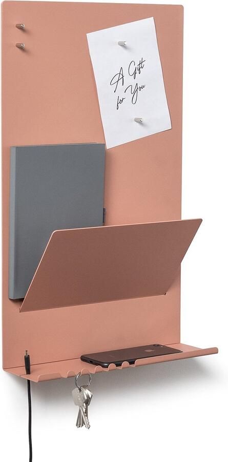 Byde wandorganizer Heke van staal. 30 x 9 x 49 cm. 3-in-1 wandplank met magneetbord en magneten. Bord voor sleutels kranten en notities. Beige en rood