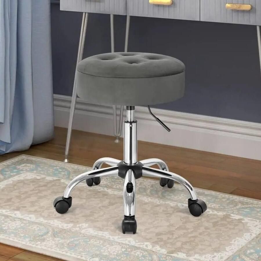 ByLoesje Fluwelen Kruk Kantoor Wieltjes Grijs Opbergruimte Draaistoel Verstelbare Hoogte tot 63 cm Hoog Salon