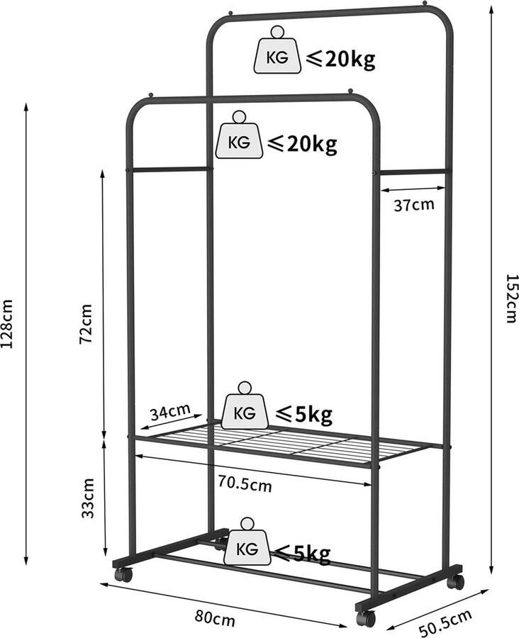 ByLoesje Kledingrek Wit 1 5 meter hoog 80 cm Breed Ophangen Dubbele Rail Schoenenrek Opslag Wieltjes Slaapkamer Washok