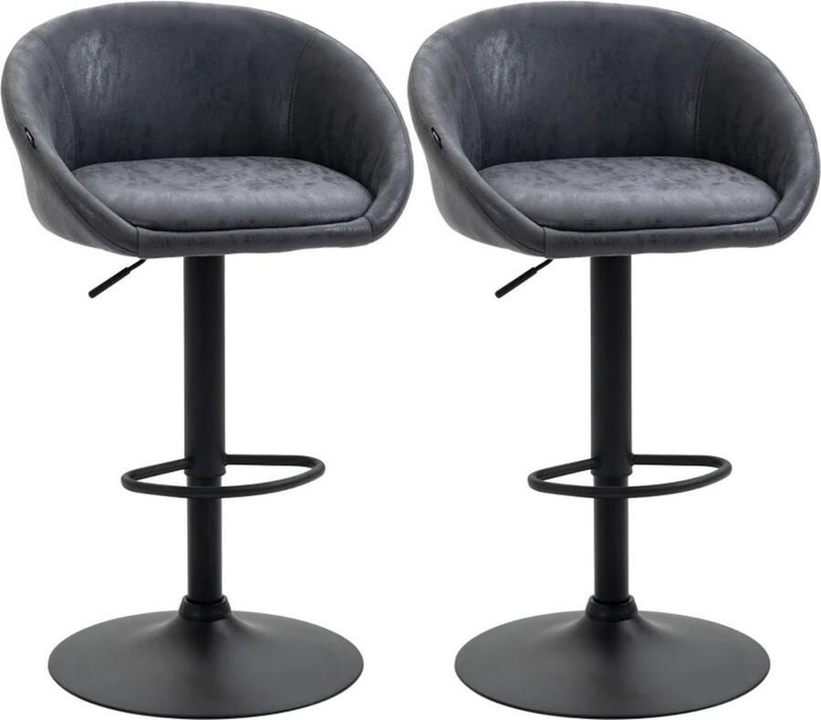 ByLoesje Set van 2 Barkrukken Grijs In Hoogte Verstelbaar 360 Graden Rotatie Voetsteun Kunstleer Rugleuning