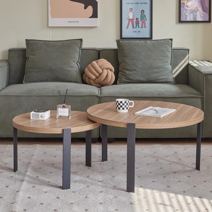 ByLoesje Set van 2 Ronde salontafels Hout Donker Bruin Woonkamer Bijzettafel 3 Poten