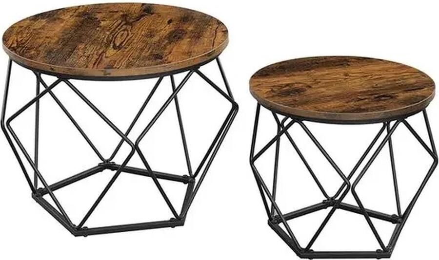 ByLoesje Set van 2 Salontafels 2 Verschillende Formaten Rond Industrieel Stalen Frame Hout Bruin Zwart Modern