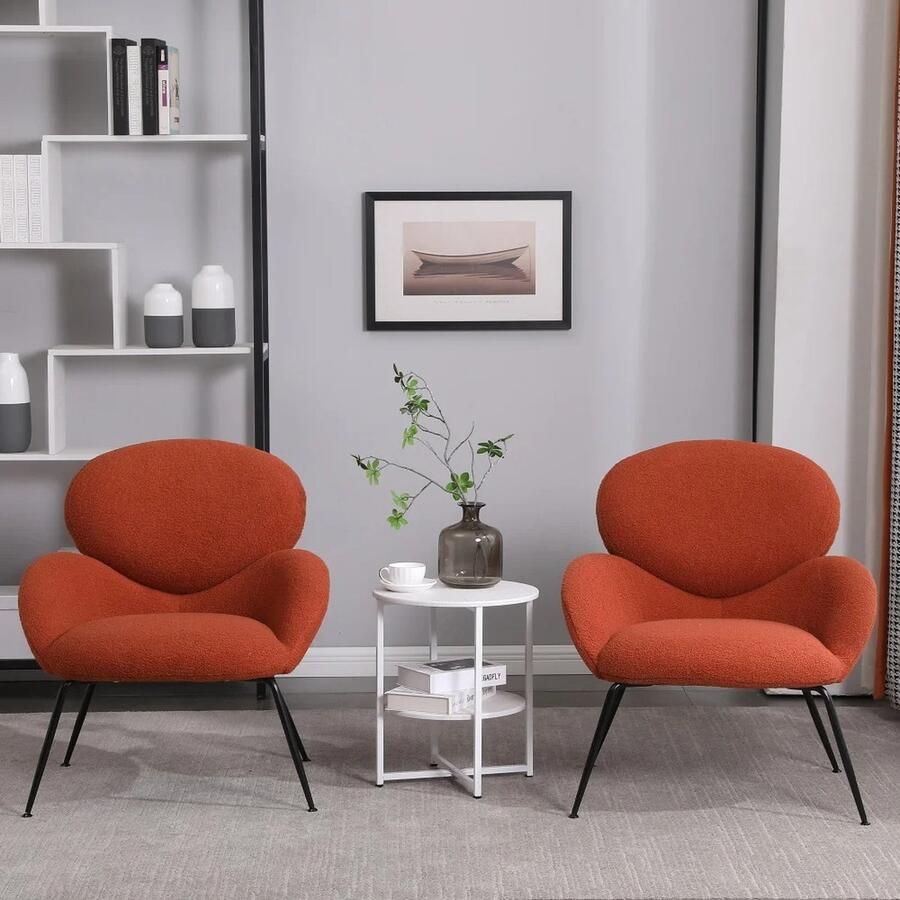 ByLoesje Set van 2 Teddy Fluwelen Woonkamerstoel Oranje Gestoffeerd Modern Armleuning Zacht