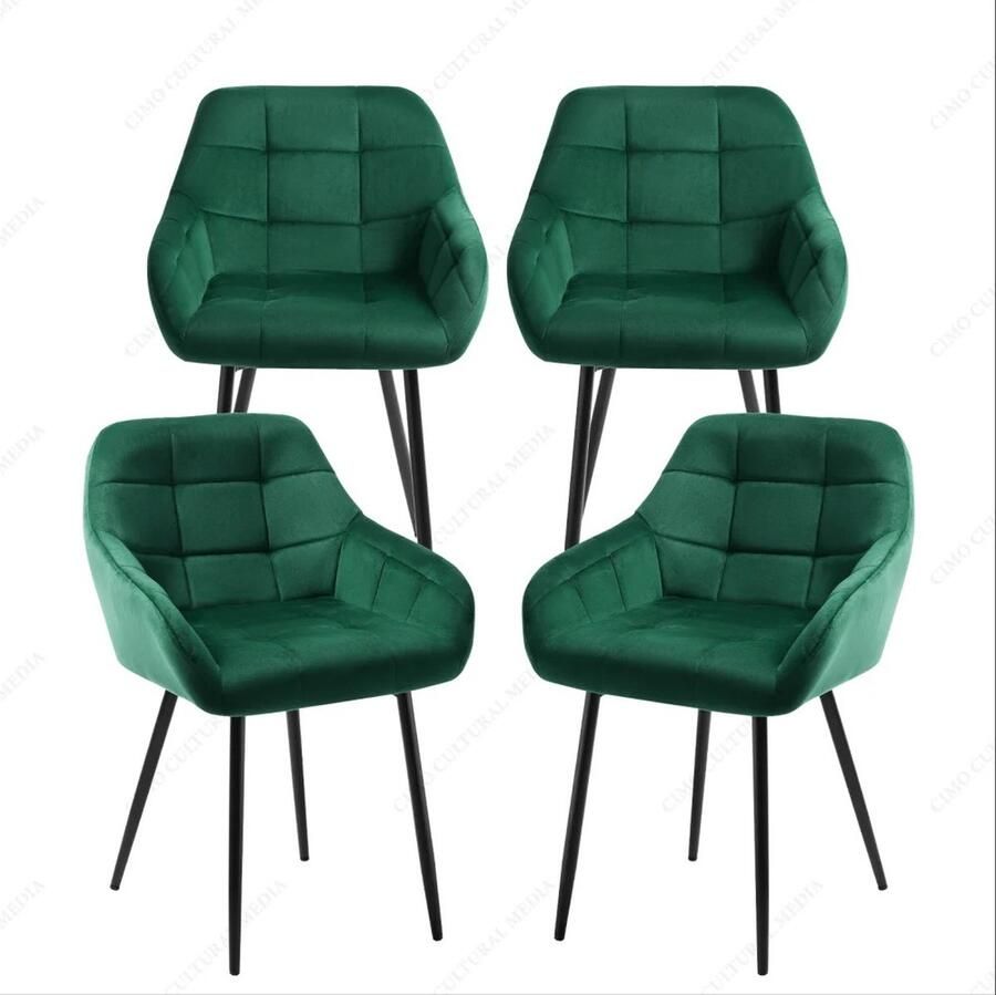 ByLoesje Set van 4 Eetkamer Stoel Groen Armleuningen Fluweel Gestoffeerd Designstoel Modern Poten Zwart