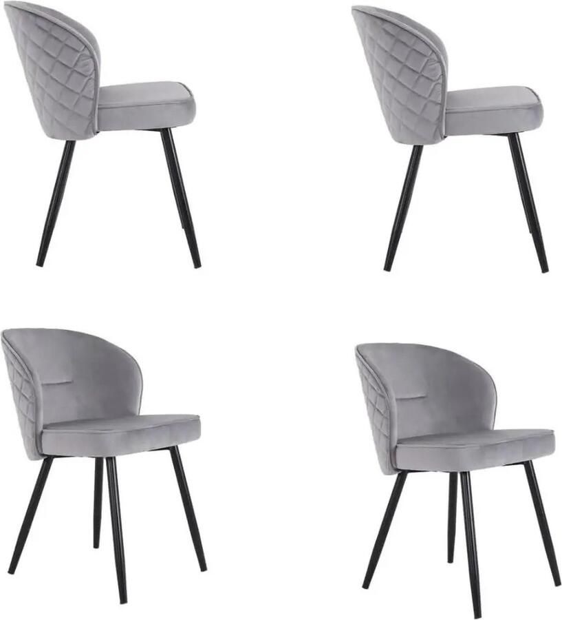 ByLoesje Set van 4 Fluwelen Eetkamerstoelen Grijs Gestoffeerd Modern Eetkamer Metalen Poten Gewatteerd