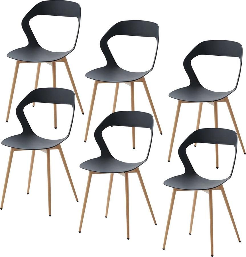 ByLoesje Set van 6 stuks Middeleeuwse Noordse Eetkamerstoelen Plastic Zwart Open Rugleuning Houten Poten Anti Slip