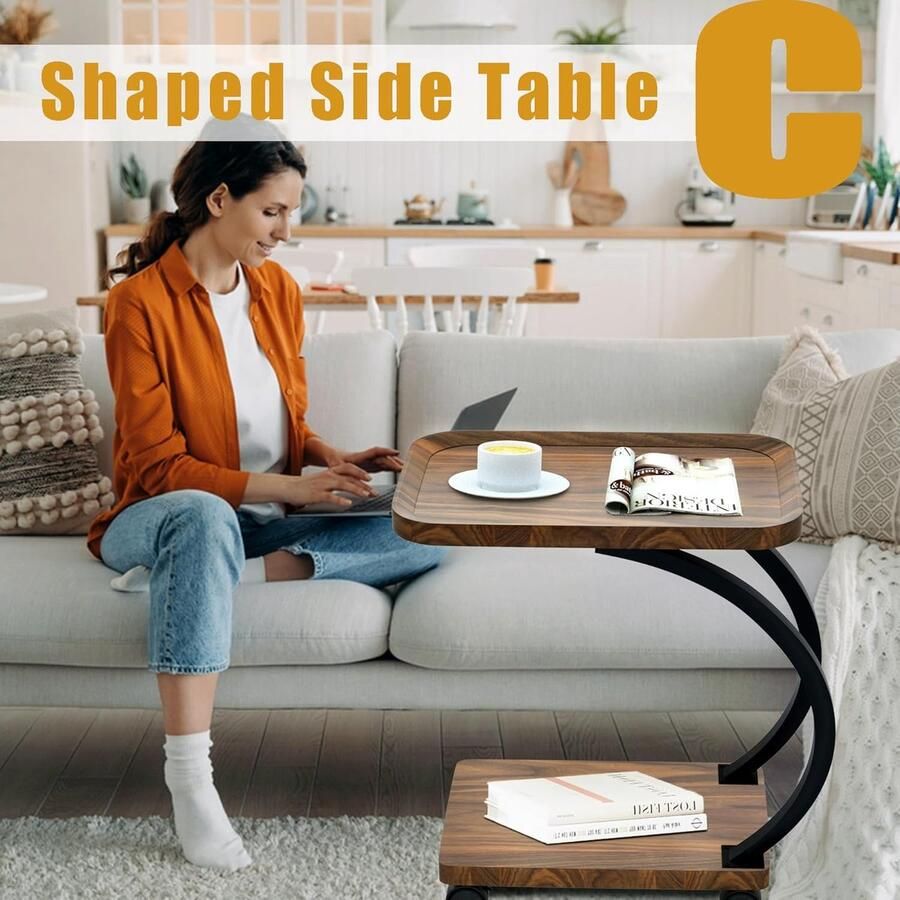 C-vorm bijzettafel met wieltjes industrieel design 52 x 34 x 60 cm