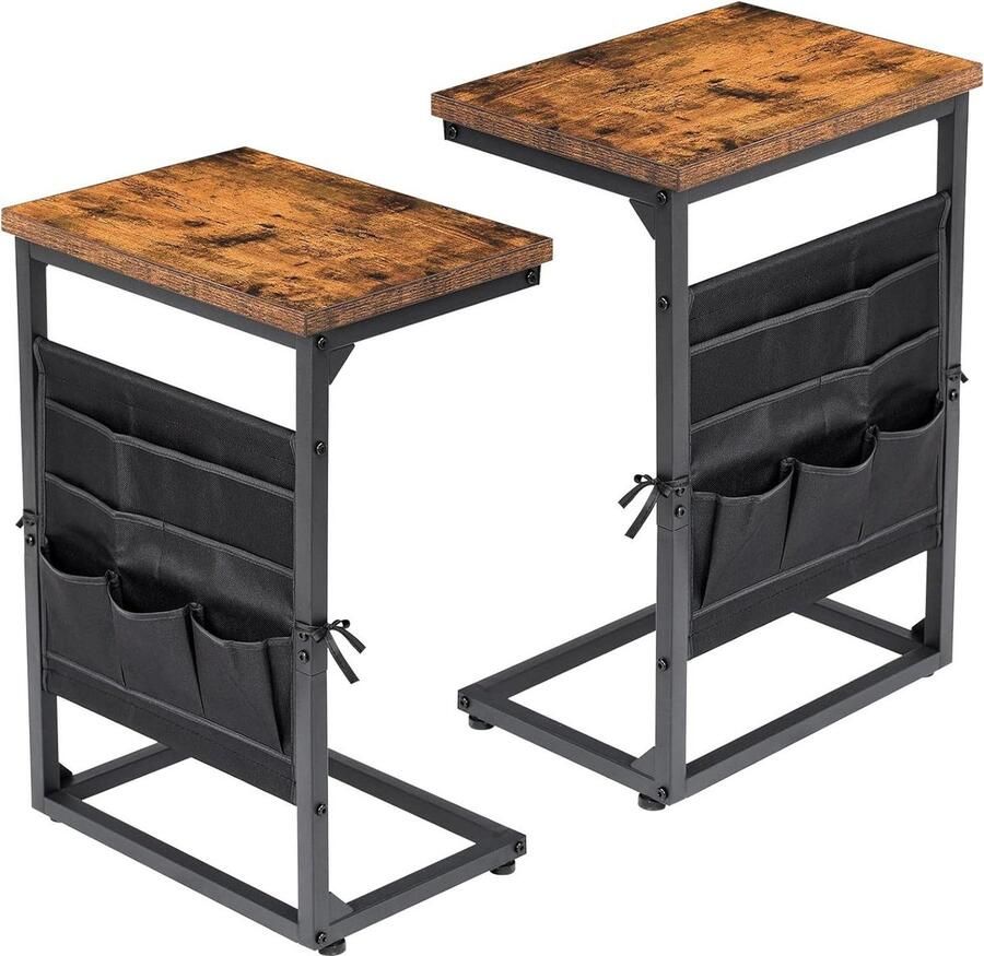 C-vorm bijzettafel set van 2 houten salontafel nachtkastje woonkamertafel verstelbare poten industrieel design donkerbruin Bijzettafel