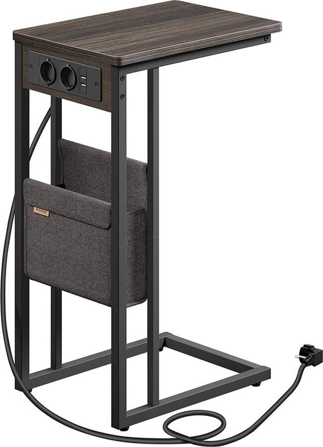 C-vormige bijzettafel accenttafel 2 stopcontacten ruimtebesparend 30 x 40 x 62 cm bruin