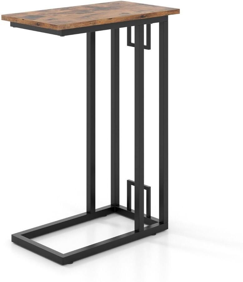C -vormige bijzettafel – Compact voor kleine ruimtes stevig metalen frame verstelbare poten – Rustiek bruin
