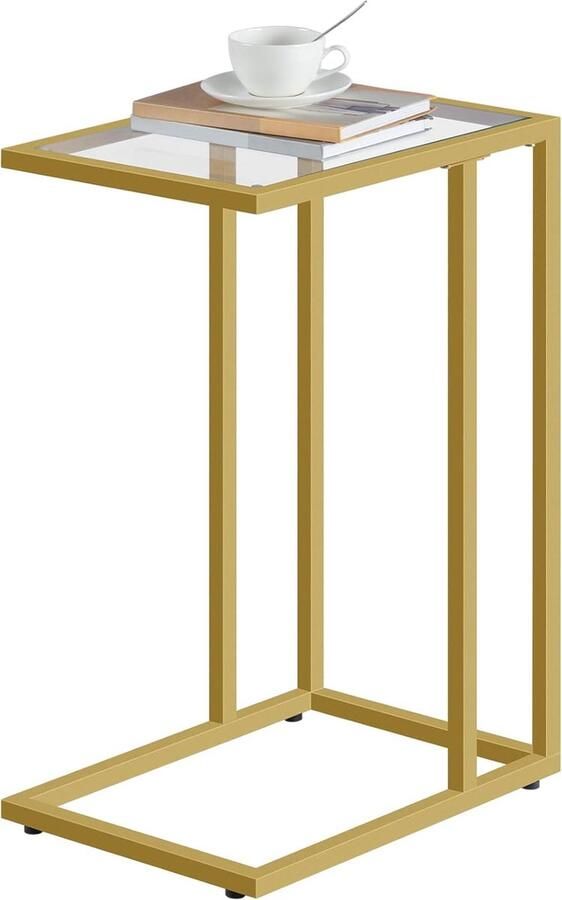 C-vormige bijzettafel gehard glas gouden bijzettafel onder banktafel kleine koffiesnacktafel voor kleine ruimtes Laptop eindtafel voor woonkamer nachtkastje metalen frame goud