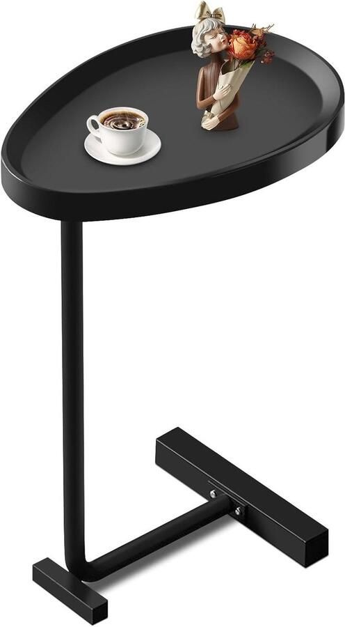 Allecto Plus Bijzettafel in C-vorm Moderne ei-vormige salontafel van stevig ijzer Voor woonkamer en slaapkamer Metalen en PP-materiaal Zwart Duurzaam nachtkastje 80 characters