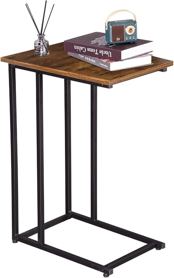 C-vormige bijzettafel industriële stijl bruin en zwart met opbergplank