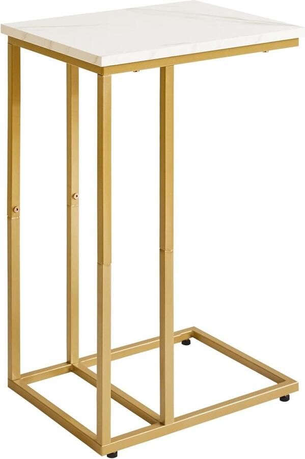 C-vormige bijzettafel – Kleine tafelstandaard met faux marmeren blad en gouden frame ideaal voor woonkamer en slaapkamer
