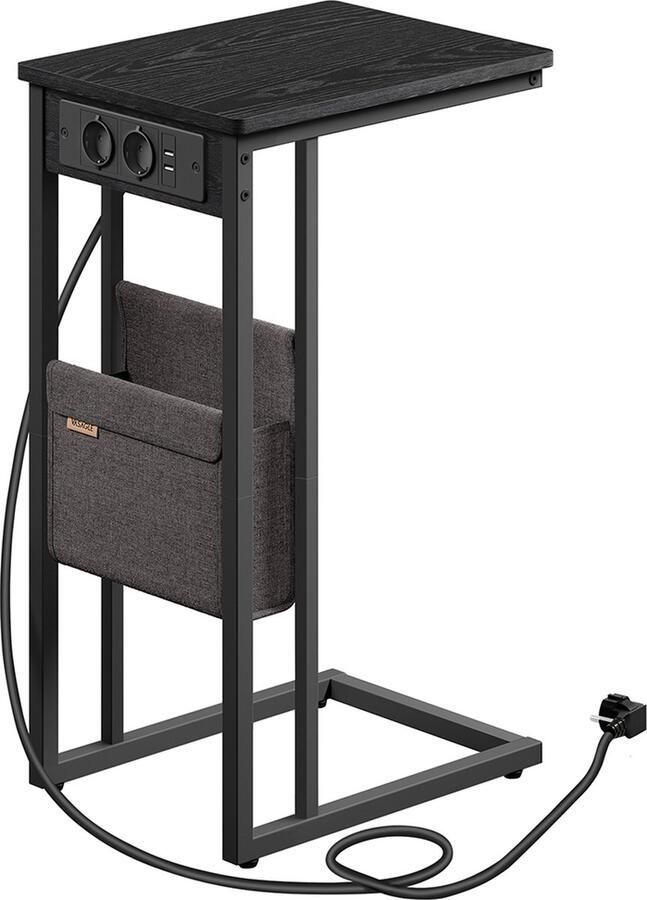 Woon Wereld C-vormige bijzettafel met 2 stopcontacten in ebbenhoutzwart