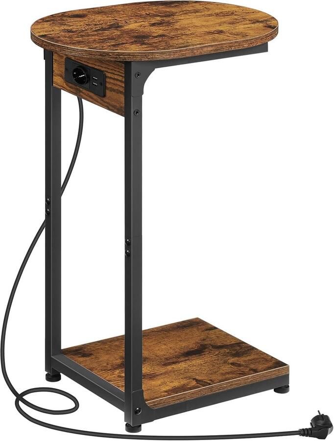 C-vormige bijzettafel met laadstation – Ronde schuiftafel met metalen frame – Voor woonkamer of slaapkamer – Vintage bruin en zwart