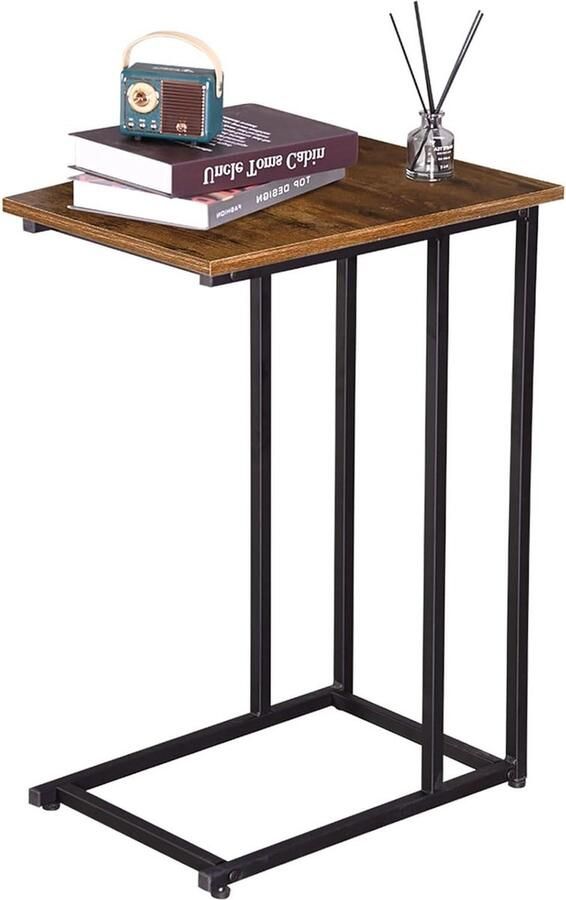 C-vormige bijzettafel met metalen frame en opbergplank industriële stijl voor woonkamer slaapkamer kantoor bruin en zwart
