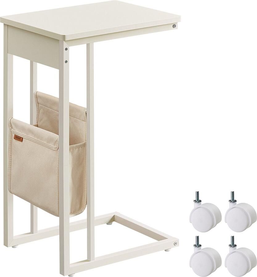 C-vormige salontafel met stoffen opbergtas verstelbare poten en zwenkwielen Crèmewit voor kleine ruimtes