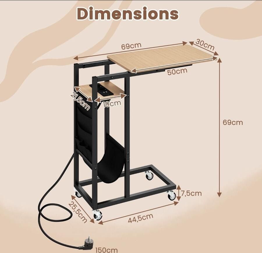 C -vormige bijzettafel met oplaadstation – Roltafel met uitschuifbaar blad en opbergvak – Grijs Rustiek bruin