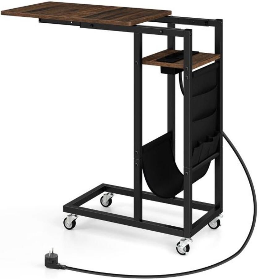 C -vormige bijzettafel met oplaadstation – Roltafel met uitschuifbaar blad en opbergvak – Grijs Rustiek bruin