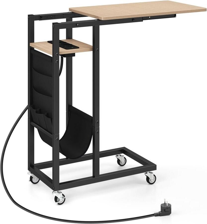 C-vormige bijzettafel met stopcontact en wielen voor woonkamer en slaapkamer