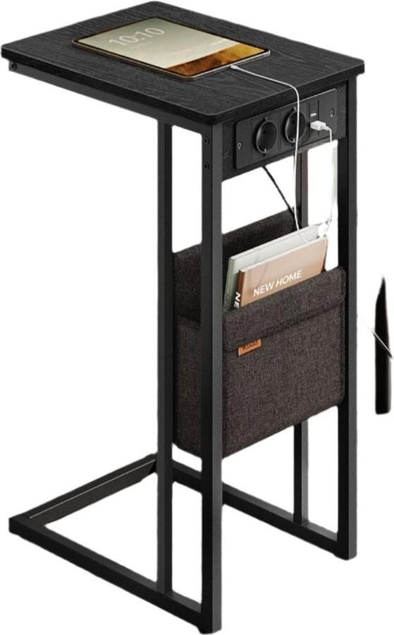 C-vormige bijzettafel met stopcontacten Zwart Accenttafel Bijzettafel AC-aansluitingen 30x40x62cm