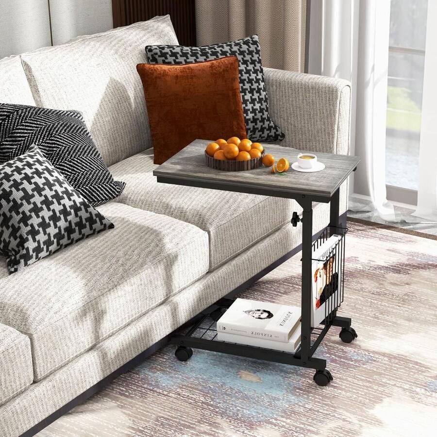 C-vormige Bijzettafel met Tijdschriftenrek – Verstelbaar 58-80 cm Bedtafel met Wielen Zwart Bruin Natuur Grijs