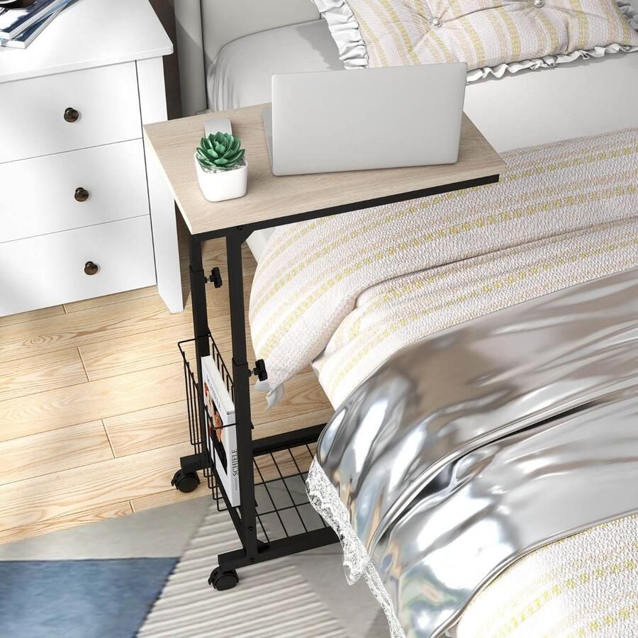 C-vormige Bijzettafel met Tijdschriftenrek – Verstelbare Bedtafel met Wielen 58-80 cm Zwart Bruin Natuur Grijs