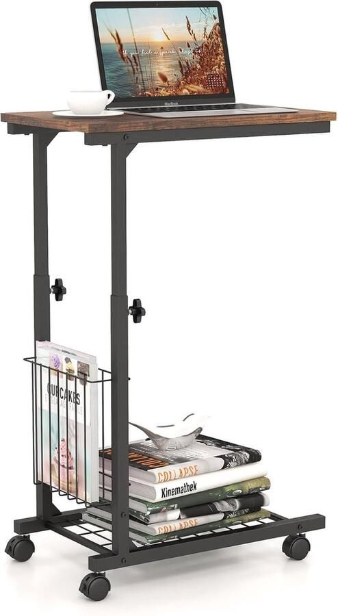 C-vormige Bijzettafel met Wieltjes en Verstelbare Hoogte Industrieel Design Bedtafel met Opbergmand 50 x 30 x 80 cm