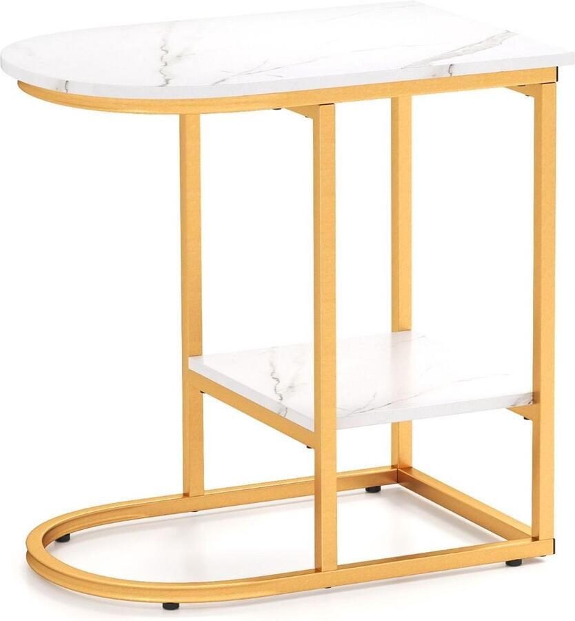 C-vormige bijzettafel – Moderne salontafel met kunstmarmeren blad en opbergplank – Wit metalen frame