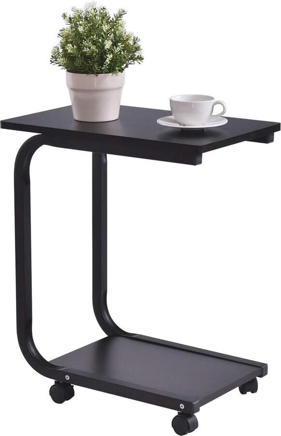 C-vormige Bijzettafel op Wieltjes Beweegbare Laptoptafel met Houten Blad en Metaal Onderstel Ideaal voor Woonkamer Slaapkamer en Kantoor 50x30x59 cm