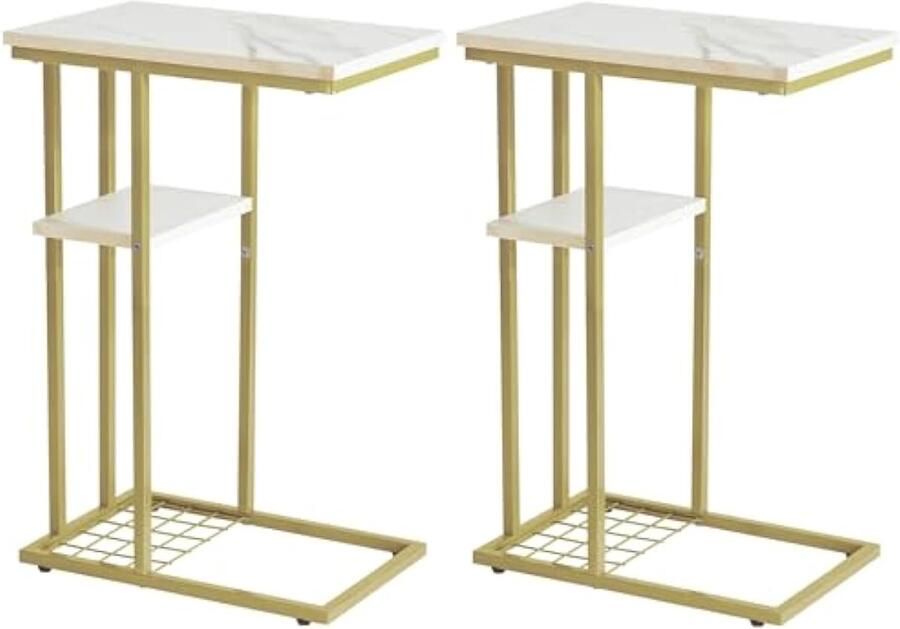 C-vormige bijzettafel set van 2 bijzettafel voor bank en bed salontafel voor kleine ruimtes woonkamer slaapkamer industriële kleine tafel met opbergplank marmeren patroon wit en goud